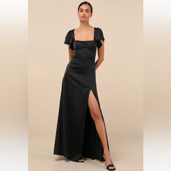 Lulus Dresses & Skirts - NWT Lulus Ultimate Sweetness Black Satin Flutter Sleeve Maxi Dress Elegant M